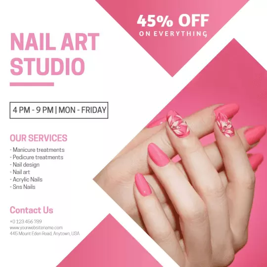 Vibrant Pink Nail Art Studio with 45% Off Promotion Ad Template
