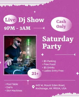 Vibrant Pink Saturday Night DJ Party Poster Template