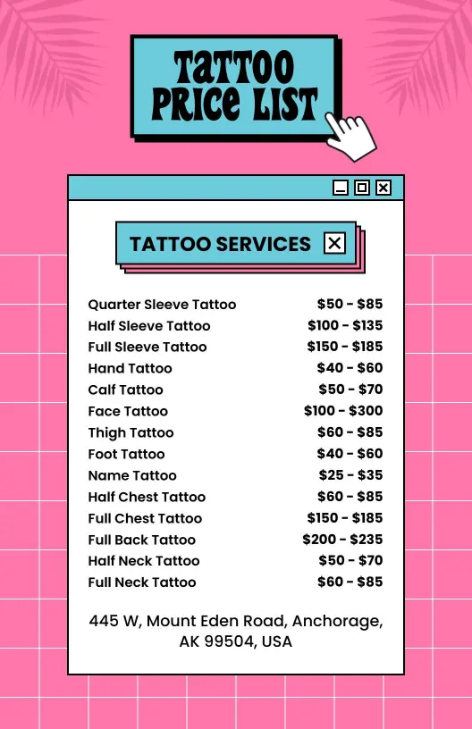 Vibrant Pink Tattoo Studio Service Price List Template