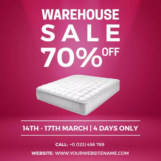 Vibrant Pink Warehouse Sale on Mattresses with 70% Discount Ad Template