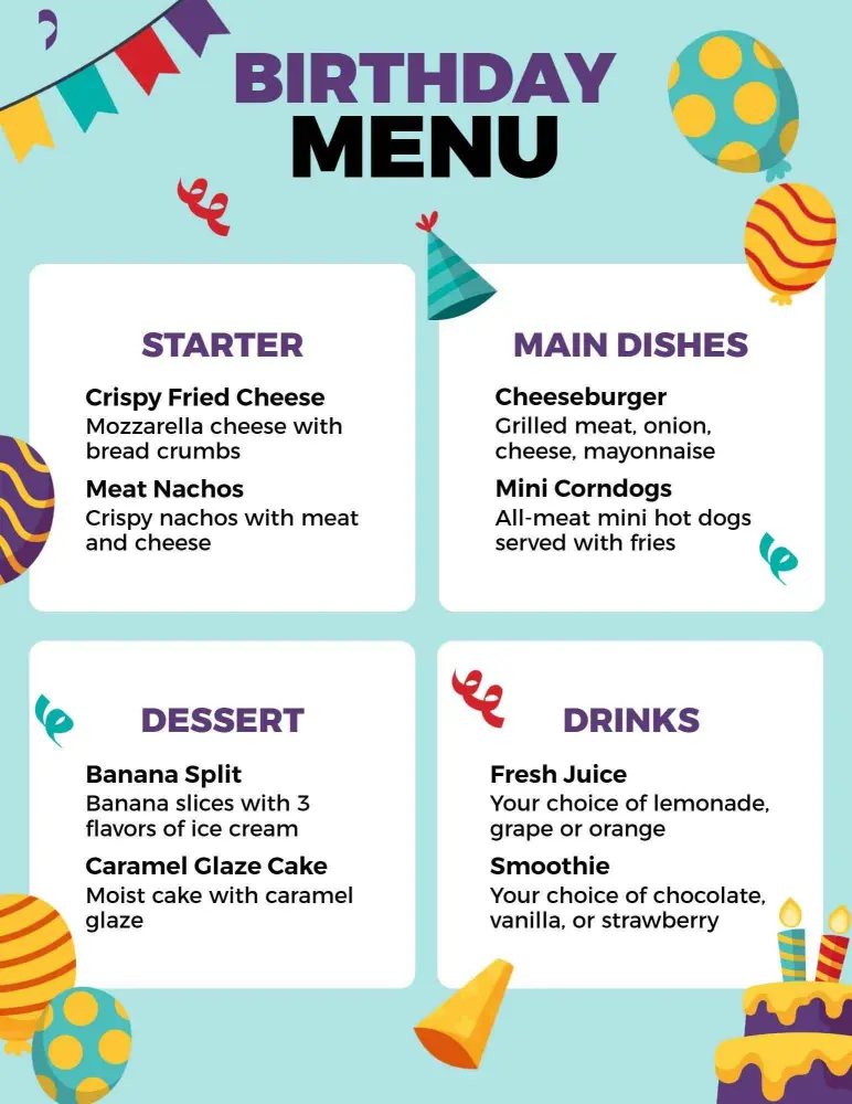 Vibrant Playful Balloons and Cake Birthday Menu Template