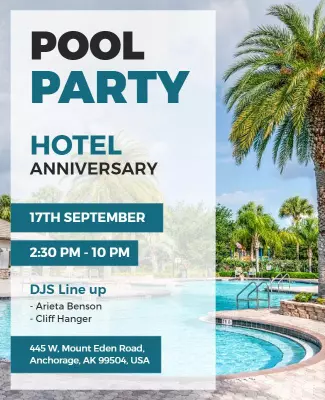 Vibrant Pool Party Celebration for Hotel Anniversary Poster Template