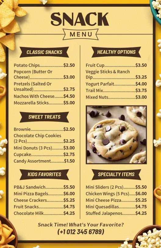 Vibrant Popcorn and Treats Snack Options Menu Template