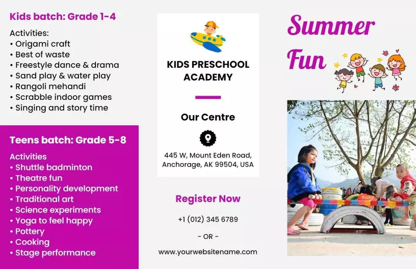 Vibrant Preschool Summer Fun Activities Enrollment Brochure Template
