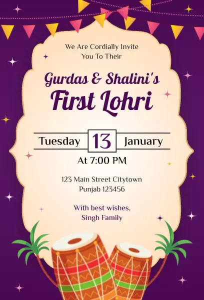 Vibrant Punjabi Cultural First Lohri Celebration Invitation Template