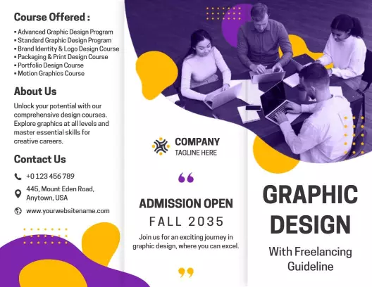 Vibrant Purple and Yellow Graphic Design Course Admission Brochure Template