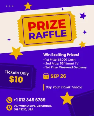 Vibrant Purple and Yellow Prize Raffle Event Flyer Template