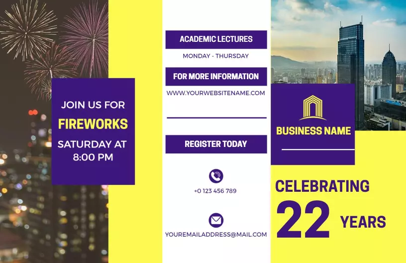 Vibrant Purple Business Event Schedule and Celebration Brochure Template