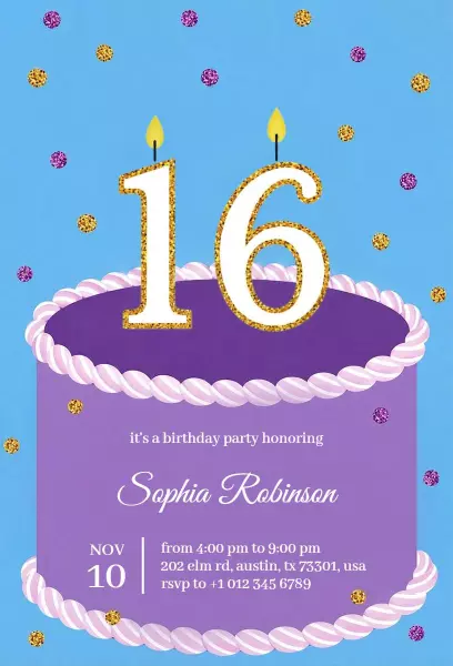 Vibrant Purple Cake Sweet 16 Birthday Celebration Invitation Template