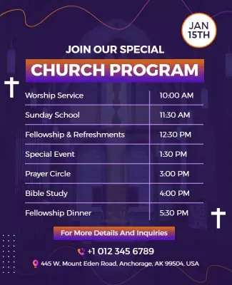 Vibrant Purple Church Program Schedule Poster Template