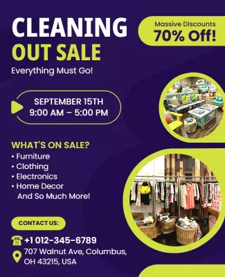 Vibrant Purple Cleaning Out Sale Event Poster Template