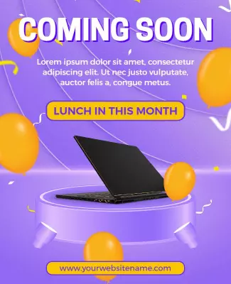 Vibrant Purple Coming Soon Laptop Launch Flyer Template