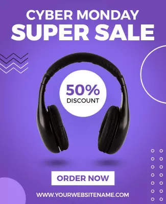 Vibrant Purple Cyber Monday Headphones Sale Poster Template