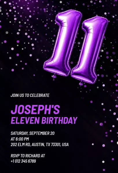 Vibrant Purple Eleven Year Birthday Celebration Invitation Template