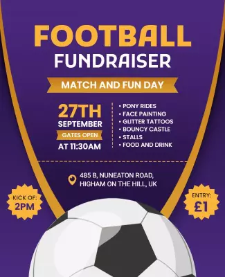 Vibrant Purple Football Fundraiser Match and Fun Day Poster Template