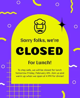 Vibrant Purple Fun Restaurant Closure Announcement Poster Template