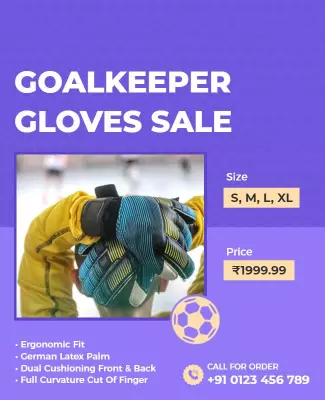 Vibrant Purple Goalkeeper Gloves Sale Promotional Poster Template