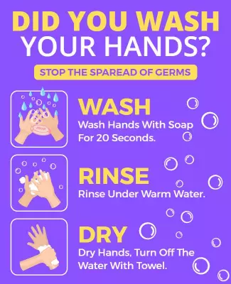 Vibrant Purple Hygiene Awareness Hand Washing Poster Template