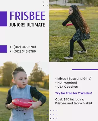 Vibrant Purple Juniors Ultimate Frisbee Training Poster Template