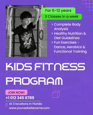 Vibrant Purple Kids Fitness Program Promotional Poster Template
