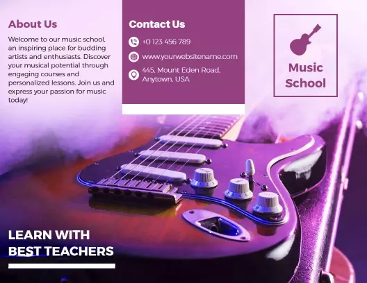 Vibrant Purple Music School Guitar Lessons and Courses Brochure Template