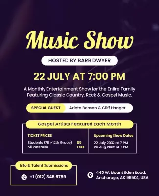 Vibrant Purple Music Show for Family Entertainment Poster Template