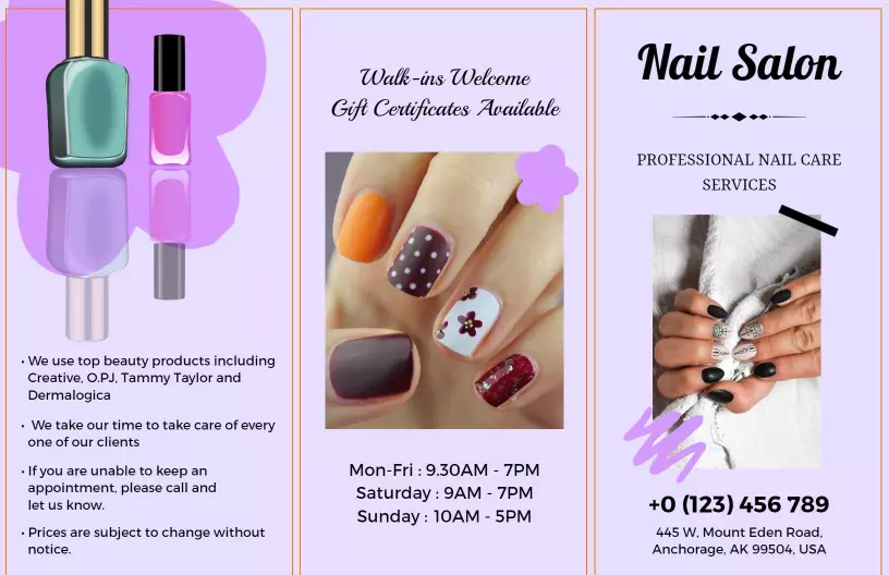 Vibrant Purple Nail Care Services and Manicure Brochure Template