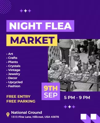 Vibrant Purple Night Flea Market Event Poster Template