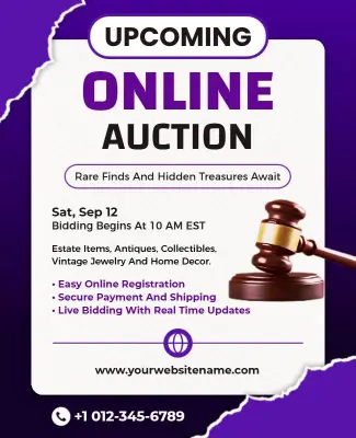 Vibrant Purple Online Auction for Antiques and Collectibles Flyer Template