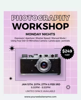 Vibrant Purple Photography Workshop for Beginners Poster Template