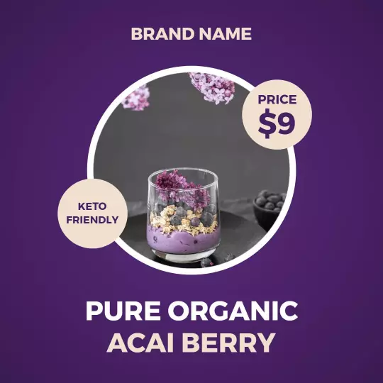 Vibrant Purple Pure Organic Acai Berry Keto Snack Ad Template