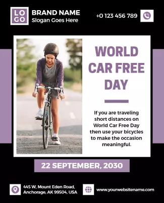 Vibrant Purple World Car Free Day Bicycle Awareness Poster Template