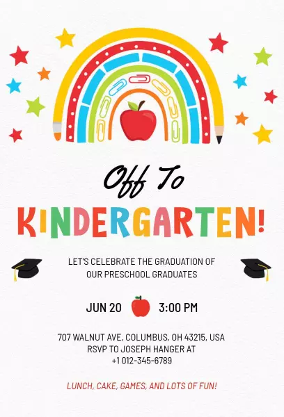 Vibrant Rainbow Kindergarten Graduation Celebration Invitation Template