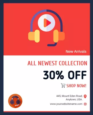 Vibrant Red and Blue Music Headphones Sale Poster Template
