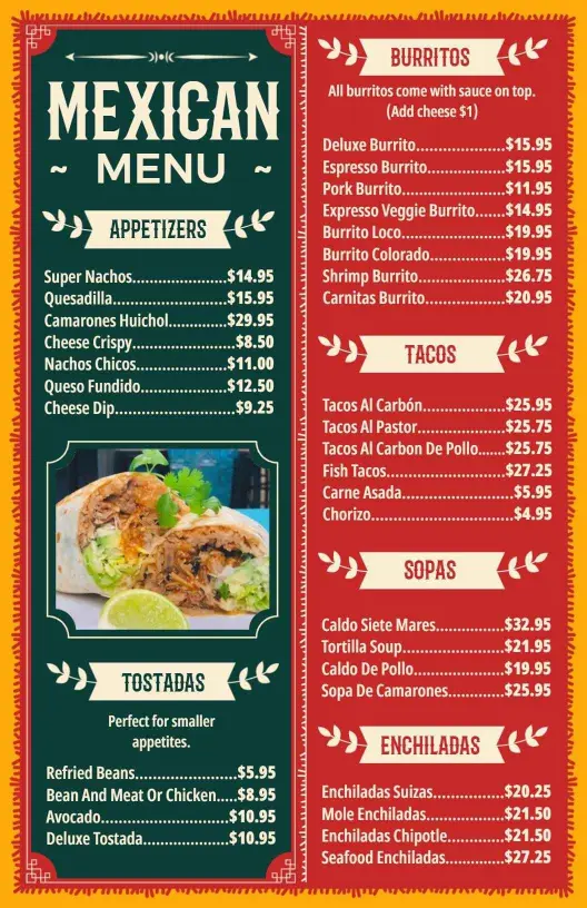 Vibrant Red and Yellow Mexican Cuisine Selection Menu Template