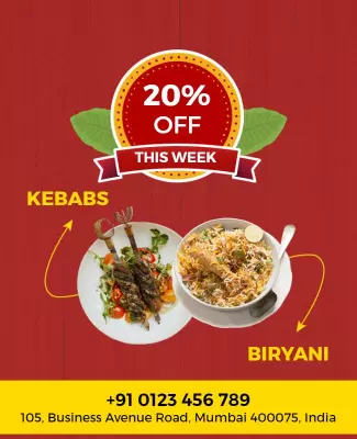 Vibrant Red Discount Kebab and Biryani Food Poster Template