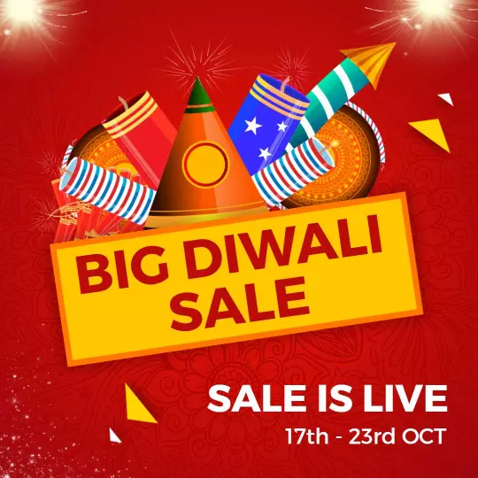 Vibrant Red Diwali Festival Sale with Decorative Fireworks Ad Template