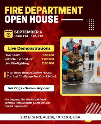Vibrant Red Fire Safety Community Open House Flyer Template