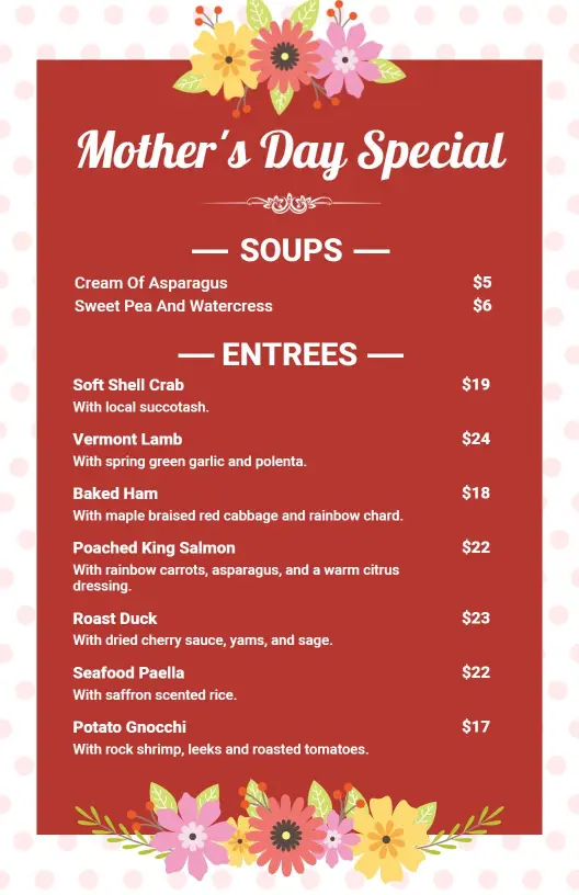 Vibrant Red Floral Mother's Day Menu Template