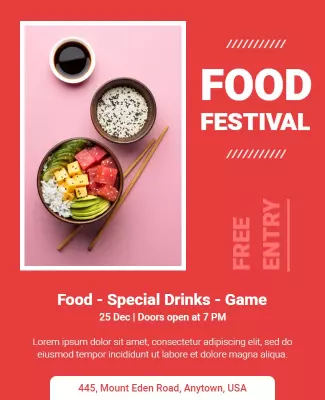 Vibrant Red Food Festival with Special Drinks and Games Poster Template