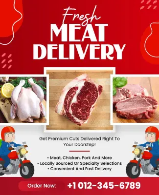 Vibrant Red Fresh Meat Delivery Service Flyer Template