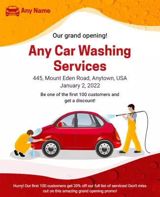 Vibrant Red Grand Opening Car Wash Services Poster Template