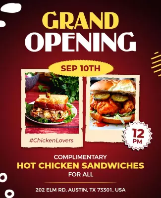 Vibrant Red Grand Opening Hot Chicken Sandwiches Poster Template