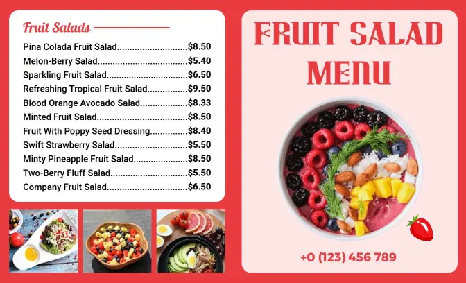Vibrant Red Healthy Fruit Salad Options Menu Template