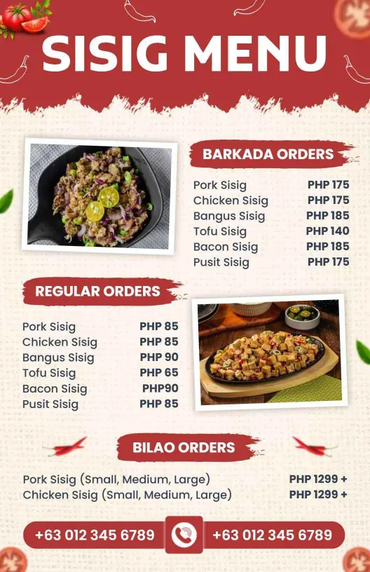 Vibrant Red Local Filipino Sisig Specialty Menu Template