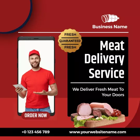 Vibrant Red Meat Delivery Service with Fresh Guarantee Ad Template