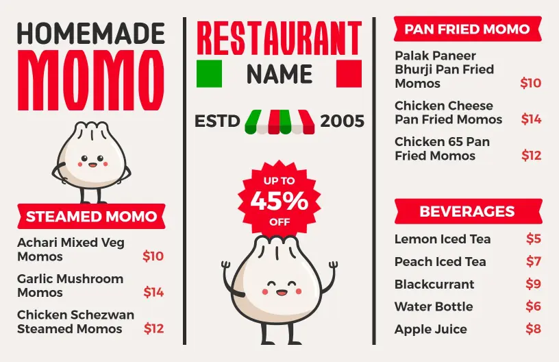 Vibrant Red Momo Restaurant Special Menu Template