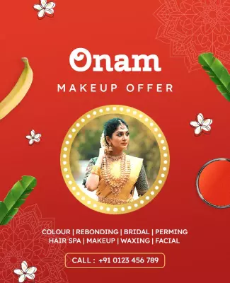 Vibrant Red Onam Festive Makeup Offer Poster Template