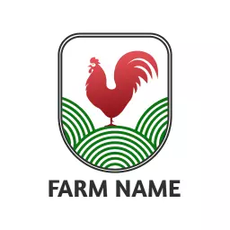Vibrant Red Rooster on Green Hills Represents Farm Logo Template