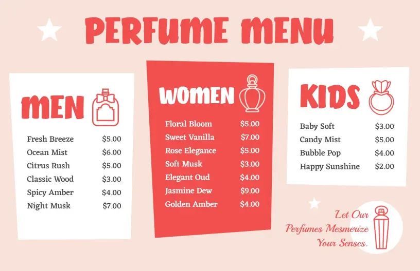 Vibrant Scent Selections for Every Style and Occasion Perfume Menu Template